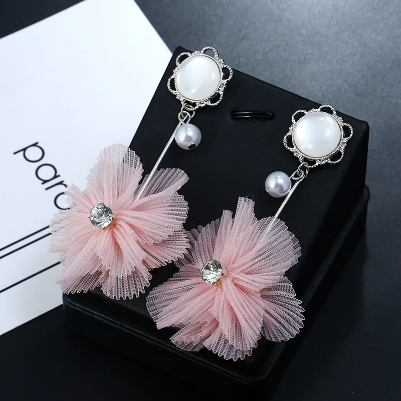 Elegant Fabric Lace Flower Earrings Shaped Charms Fringed Tassel Earrings