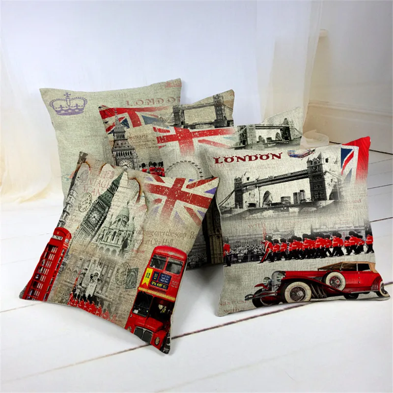 

retro Decorative Throw Pillow British style big ben paris Cotton Linen Cushion For Sofa Home Decor Almofadas