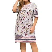 Женское платье в народном стиле, прямое, в цветах с коротким рукавом, кружевное, пэчворк, выше колена, мини-платье с круглым вырезом, летнее платье большого размера, женское платье
