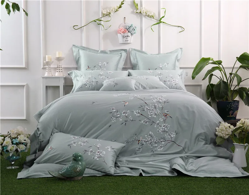 

Egyptian cotton Embroidery gray Luxury Bedding Set 4/6/9Pcs King Queen size Bed set Duvet Cover Bed/Fit sheet set Pillowcase