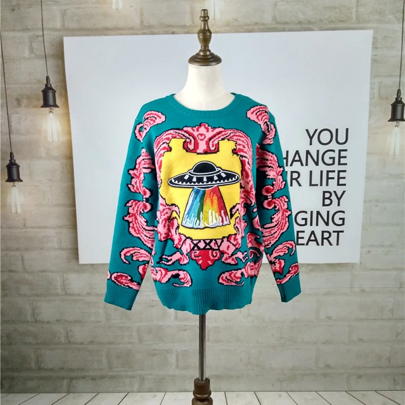 Women New vintage warm sweaters UFO Clouds Jacquard pullovers winter autumn knitted retro loose tops blusas C-012