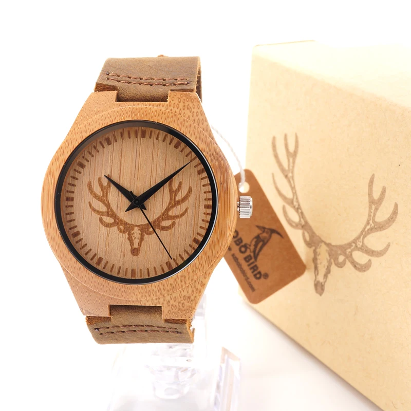 BOBO BIRD M08 100% Handmade Mens Solid Bamboo Wood Quartz Watch Deer Icon For Gift