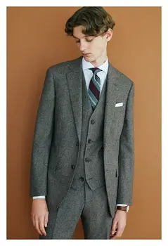Najtaniej 2018 Dostosowane Palenia Szary Tweed Garnitur Mężczyźni Groom Smokingi Garnitury ślubne Slim Fit 3 Sztuka Formalne Niestandardowe Prom Blazer Terno Masculino