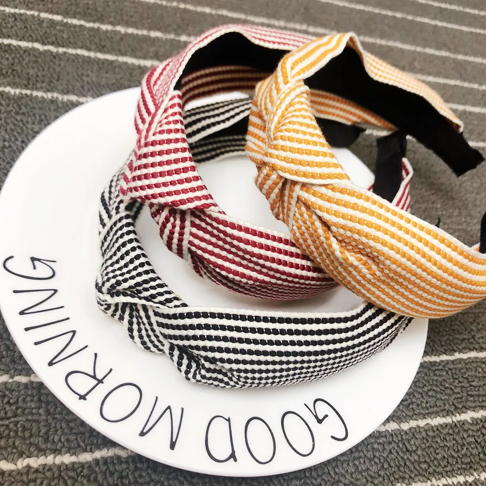 

2019 New Arrival Women Hairband Girl All-match Hair Accessories Wide Side Hair Band Stripe weave Turban Headband For Women