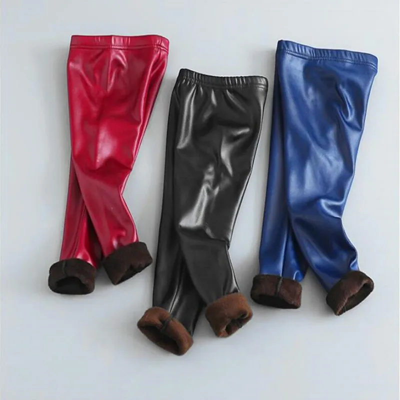 New Warm Girl Winter PU Leather Leggings Plus Velvet Kids Skinny Children Pants Kid Baby Legging for Girl Pants Child Trousers
