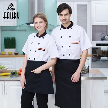 

New Unisex Chef Kitchen Workwear Tops Summer Short Sleeve Comfy Breathable Restaurant Hotel Waiter Overalls Jacket Apron