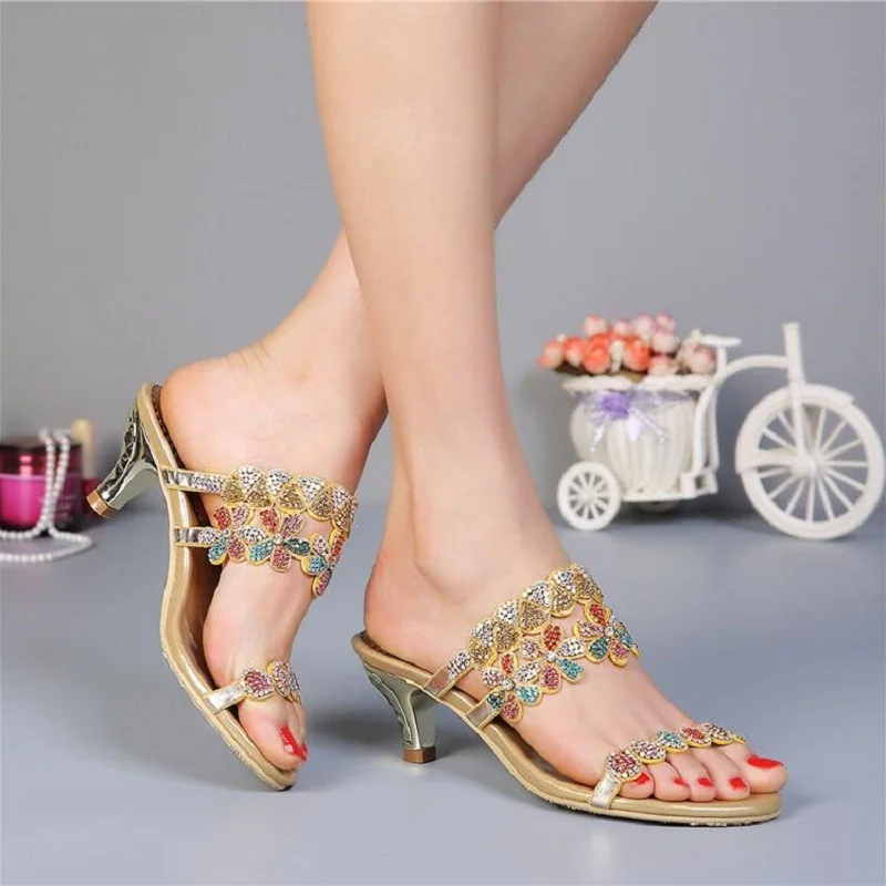 

Rhinestone Genuine Leather Kitten Heels Open The Toe Women Summer Slippers Crystal Lady Fashion Slides Plus Size 34-41 SXQ0731