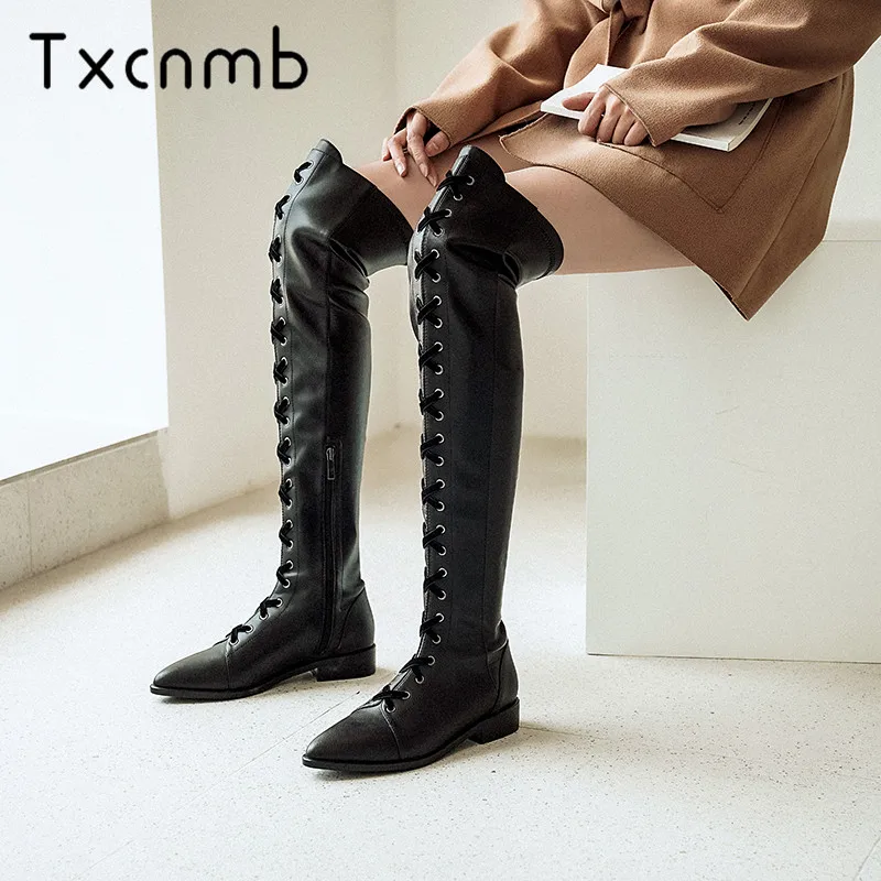 

TXCNMB Genuine leather over the knee boots women winter 2020 fashion New Sexy low Heels Women snow Boots Winter Basic Shoes