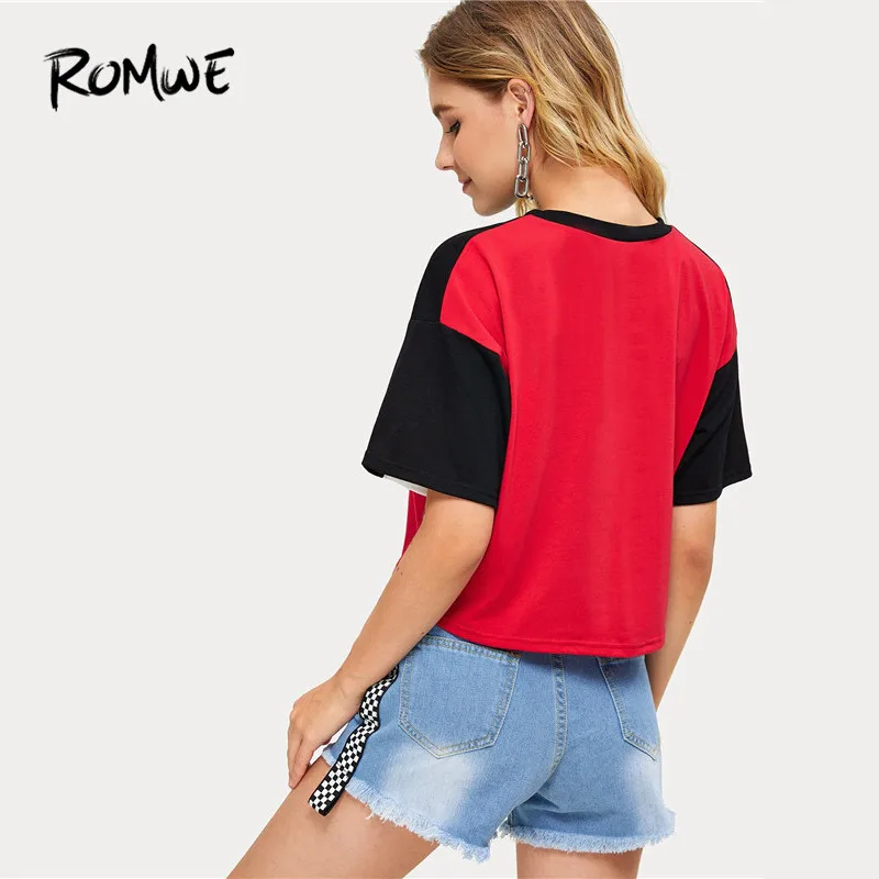 ROMWE модный цветной блок с буквенным принтом с коротким рукавом женские повседневные футболки летние с круглым вырезом футболки шикарные топы с открытыми плечами одежда