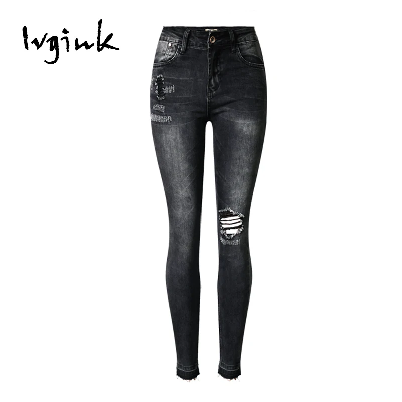 Spring Hole Skinny Casual Pencil Pnats GreyBlack XXL Femme Jeans Vintage Pleated Srcatched Ripped High Waist Zipper Trouser |