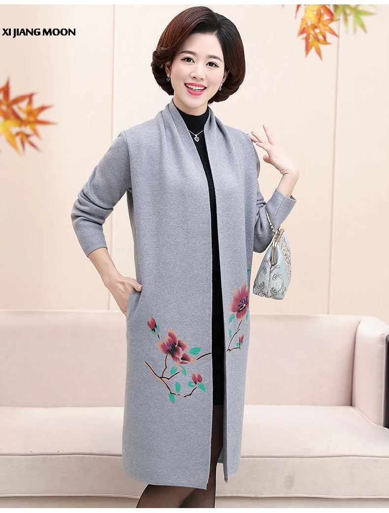 Осень зима брендовый женский свитер среднего возраста модный длинный кардиган с принтом высокого качества шерстяной кардиган женский R703