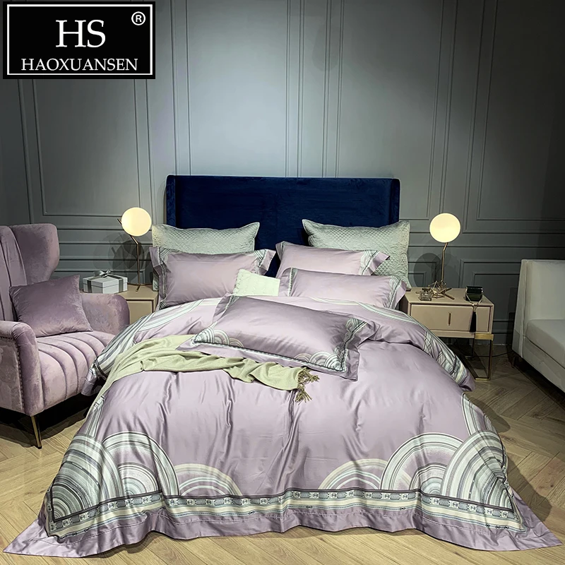 

4pcs Luxury Light Purple Sector Pattern Digital Print Bedding Sets 1000 Thread Count Bed Linen Set 100% Cotton Queen King Size