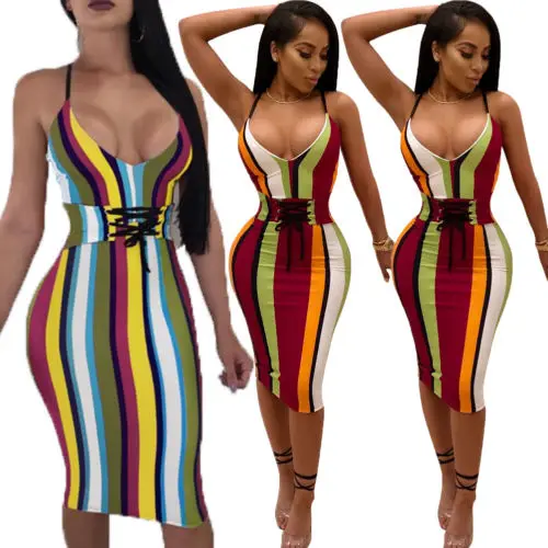 

2018 Womens Multi-Color Striped V-Neck Sleeveless Long Maxi Dress Summer Ladies Sexy Bandage Bodycon Club Party Pencil Dresses