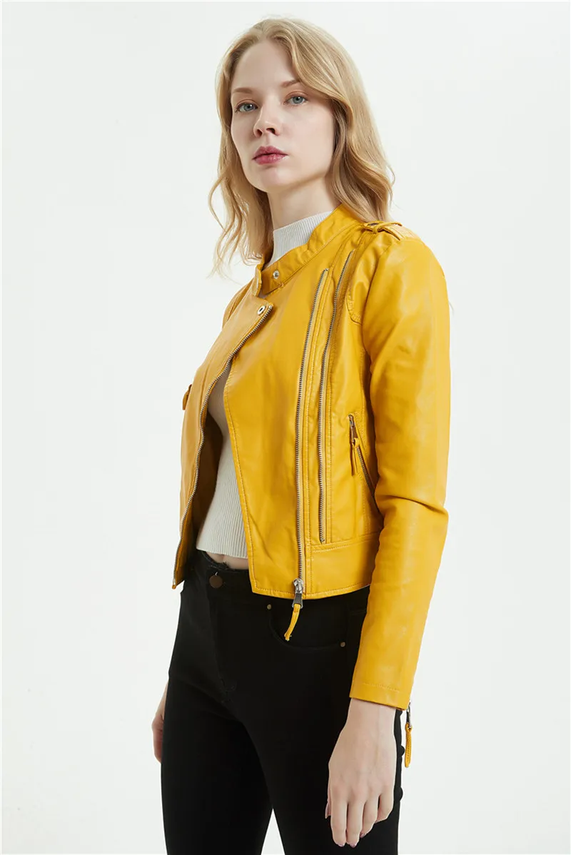 DHfinery/Высококачественная кожаная куртка для женщин; сезон весна-осень; короткие тонкие желтые и черные мотоциклетные куртки из мягкой искусственной кожи; P-Y009
