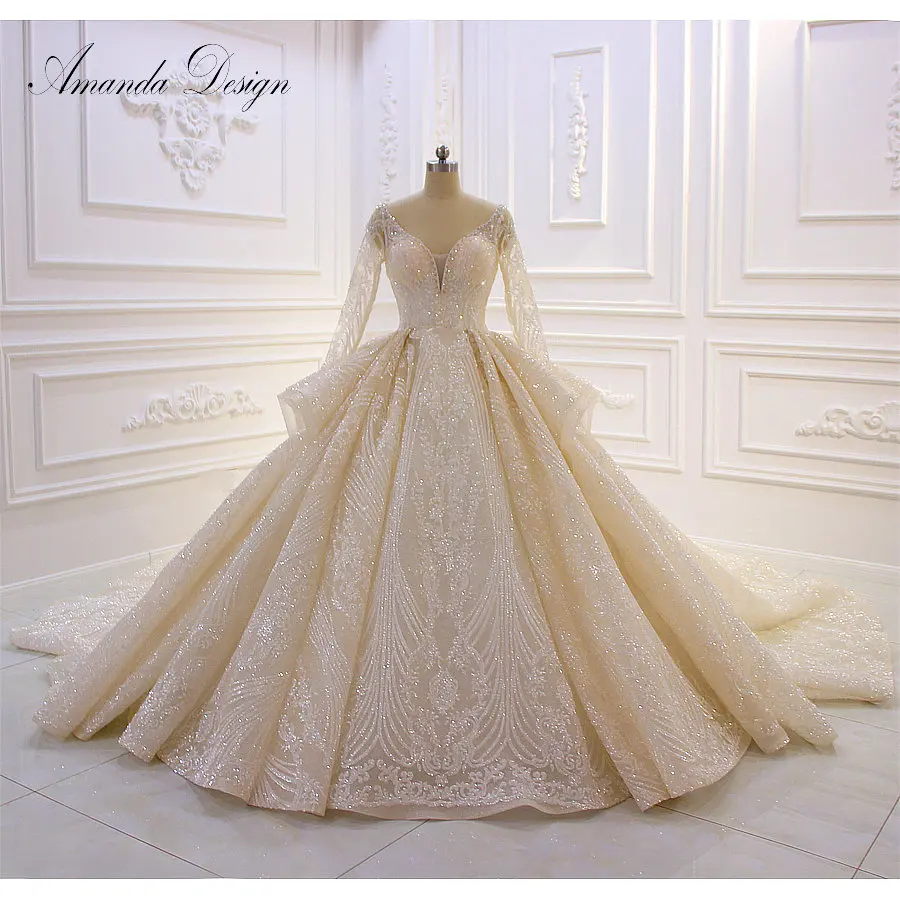 

Amanda Design abito da sposa Full Sleeve Crystal Beads Pleated Champagne Luxury Wedding Dress