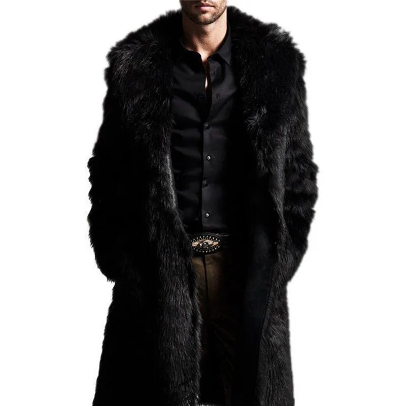 Мужские кашемировый Тренч пальто зимние толстые теплые куртки из искусственного меха лисы длинные большие размеры пушистые меховые пальто Manteau Homme - Цвет: Черный