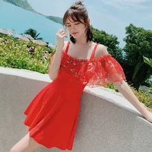 Женский купальник большого размера, цельный красный купальный костюм с рюшами для женщин, вышивка Пчелой, купальник в винтажном стиле, женский купальник