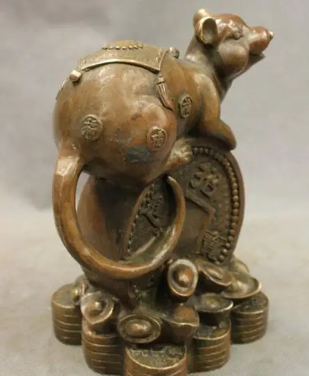 

S1367 Folk Chinese Bronze Copper Lucky Wealth Zodiac Fu Mouse On Coin YuanBao Statue discount 30% (C0324)