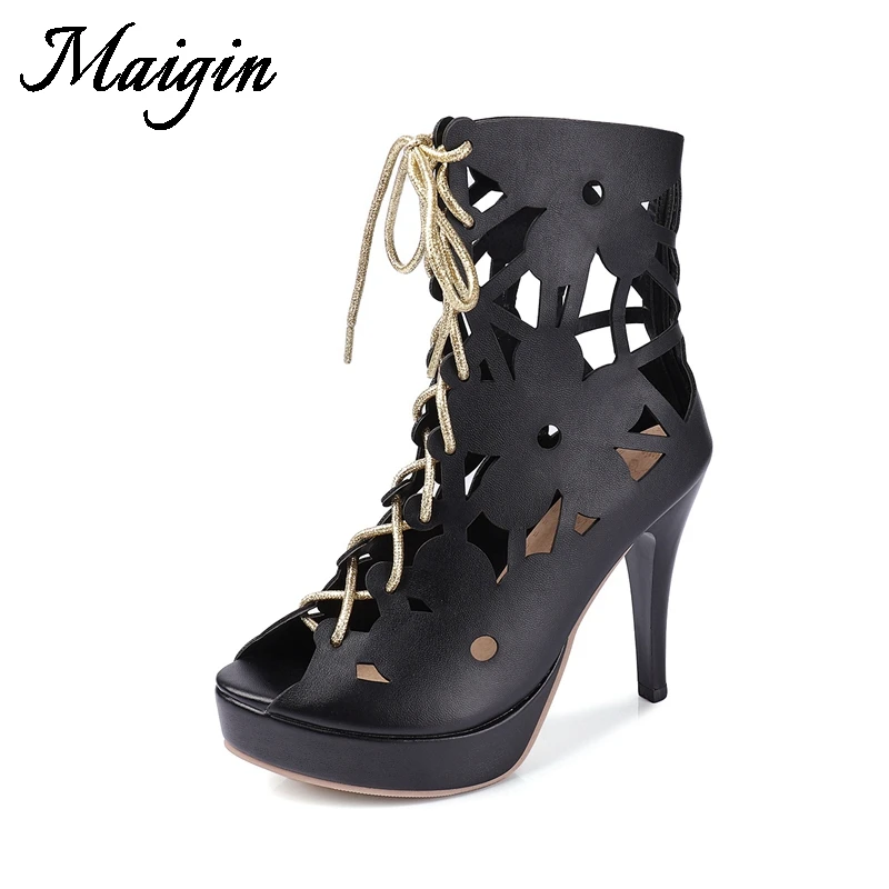 Maigin 2018 Summer Ankle Boots Lace up Sandals Women Hollow Gladiator Sandals Women Footwear Peep Toe High Heels Platform Shoes
