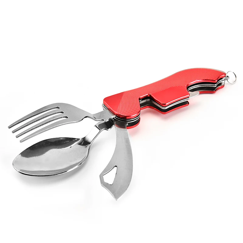 Mejor venta Multi-función de Camping al aire libre Picnic vajilla cuchillería de acero inoxidable 4 en 1 cuchara plegable cuchillo de tenedor y abrebotellas