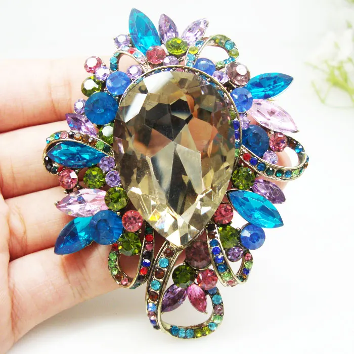 Gold Tone Flower Drop Pendant Woman Brooch Pin Multi-color Rhinestone Crystal Gifts | Украшения и аксессуары