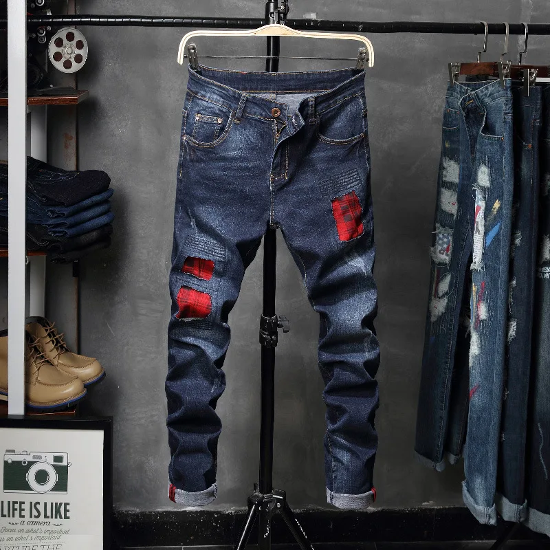 

DIAOOAID New Men Jeans Stretch Washed Patchwork Casual Retro Denim Vintage Slim 2018 Male Pants Straight Destoryed Trousers