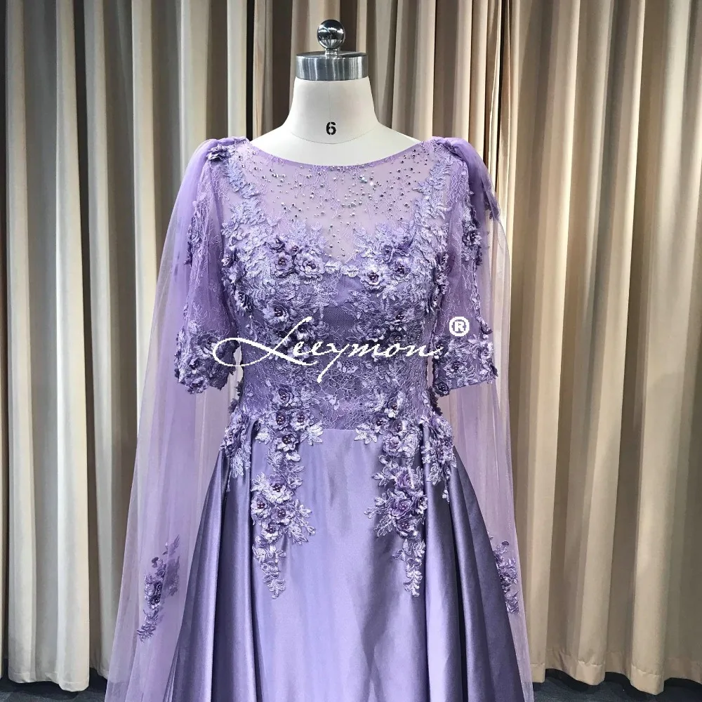 2019 Новое светло-Фиолетовое Атласное Вечернее платье с кружевными цветами из бисера и жемчуга с половинными рукавами ТРАПЕЦИЕВИДНОЕ