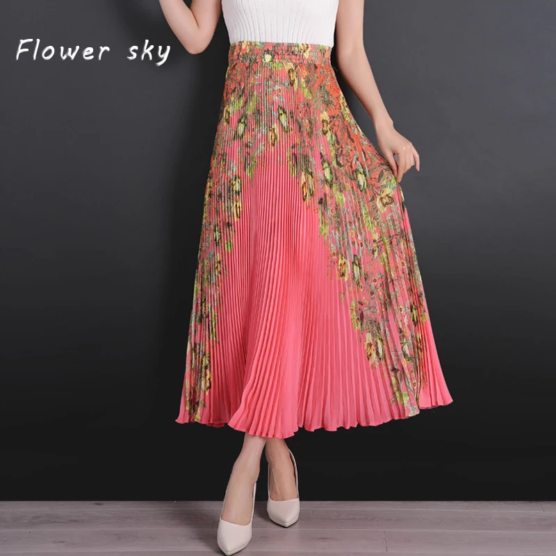 

Sexy Women Stretch Natural Waist Pleated Skirt Flower Printed Casual ankle length Long Skirt 2018 elegant skirt saia
