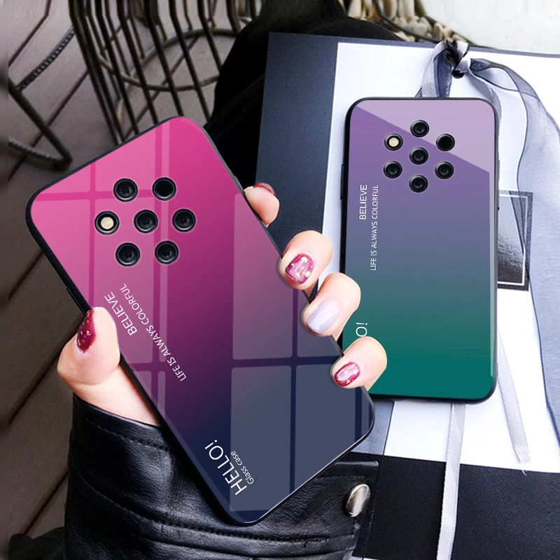 

Nokia9 Tempered Glass Case for Nokia 9 Gradient Color Hard Cover Soft Silicone Bumper For Nokia 9 Case