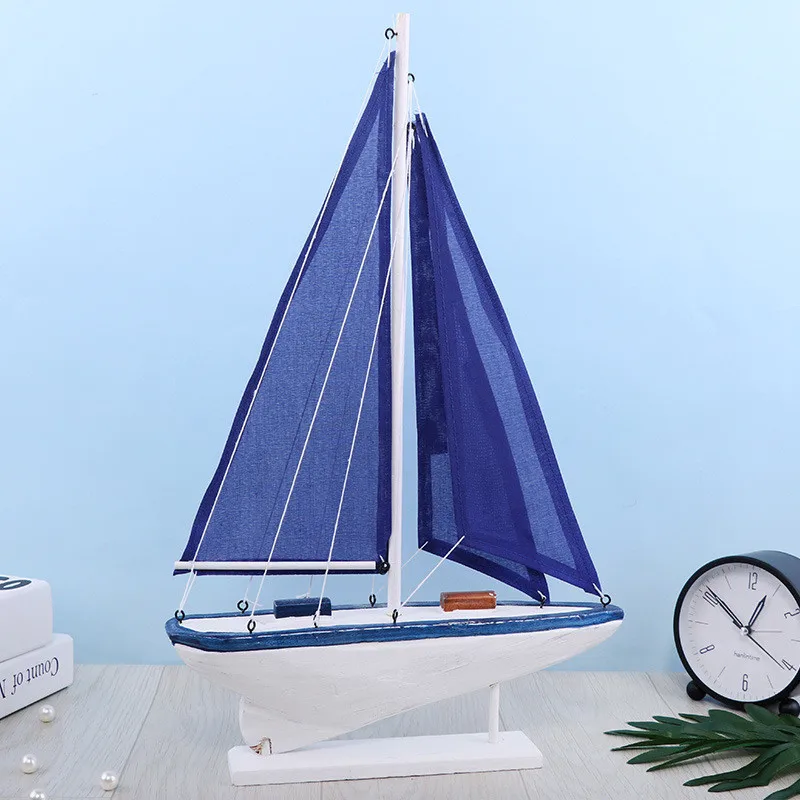 Mediterranean style sailboat model SML size classic blue sailing boat Handmade solid wood to create sailing ornaments
