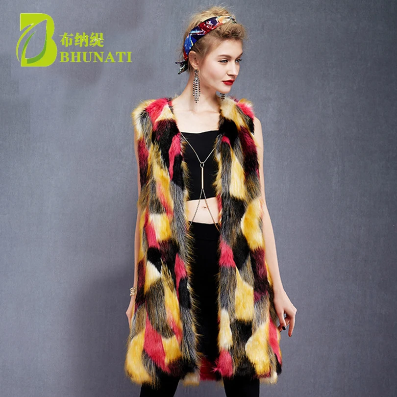 BHUNATI Women Multicolor Long Faux Fur Coat Hit Color Artificial Fur Furry Vest Slim Sleeveless Colorful Coats BCD1507097