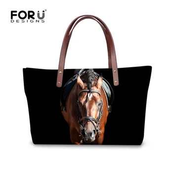 

FORUDESIGNS Black Women Handbags Cool Print Animal Horse Shoulder Bags for Women Casual Ladies Tote Top-handle Bags High Quality