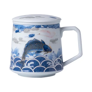 

Classical handmade fish pattern ceramic mug Blue small fresh office tea mugs with filter