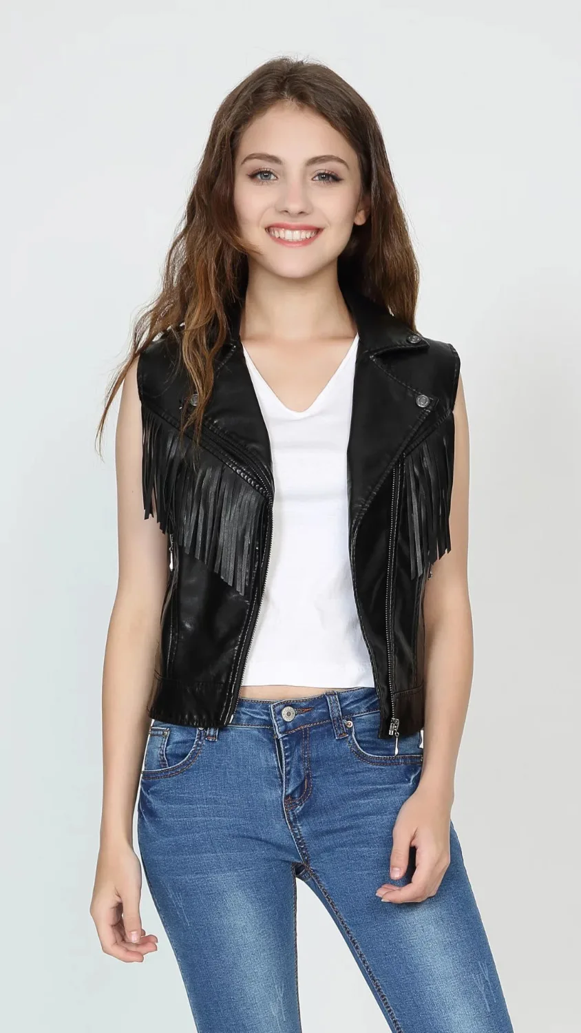 Beste Vrouwen faux lederen vest mouwloze jassen dames zwart vest volledige gevoerde kwastje korte SML slim fit vrouwelijke nieuwe vesten hot