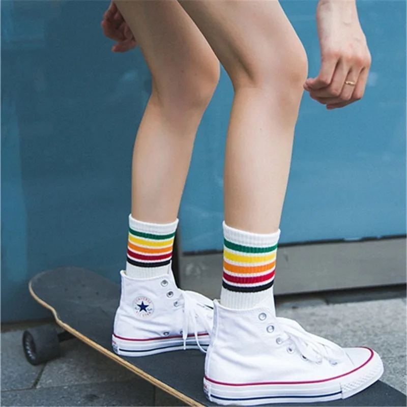 Harajuku Cool Skateborad короткие радужные носки женские модные белые хлопковые