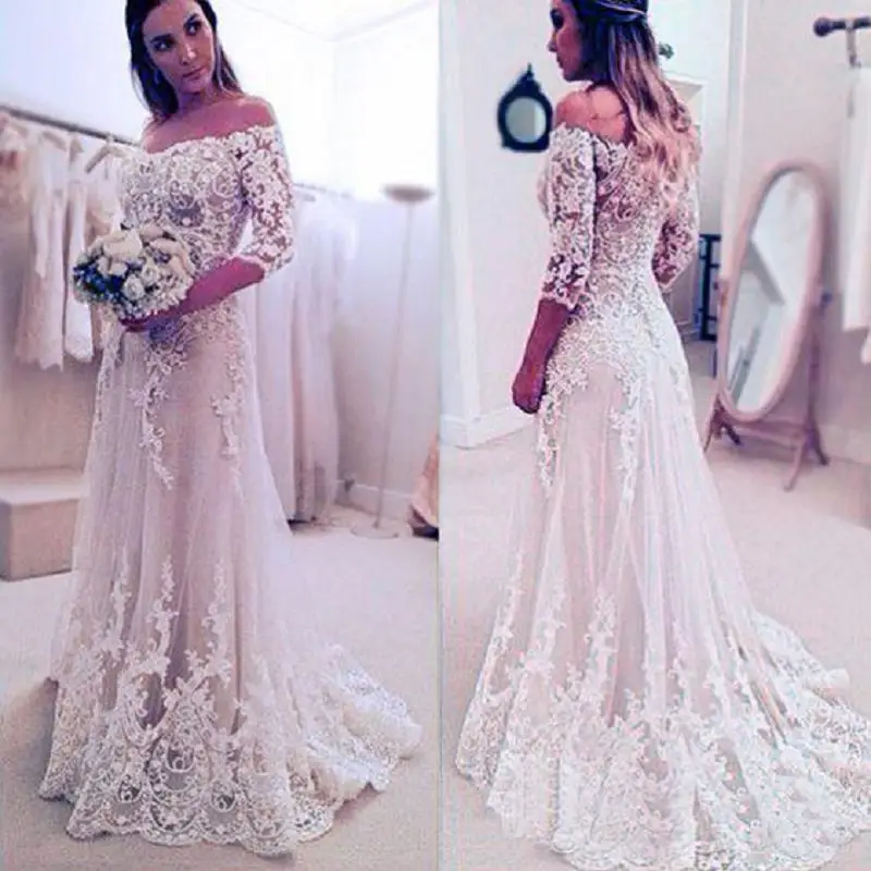 

robe de mariee White Ivory Elegant Wedding Dresses with Sleeves 2019 Applique Lace Wedding Gowns Custom Made suknia slubna