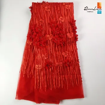 

2019 Latest Design Red Color 3D Flower Applique Guipure Net Lace Beaded Embroidered African Style High Quality Mesh Beads Fabric