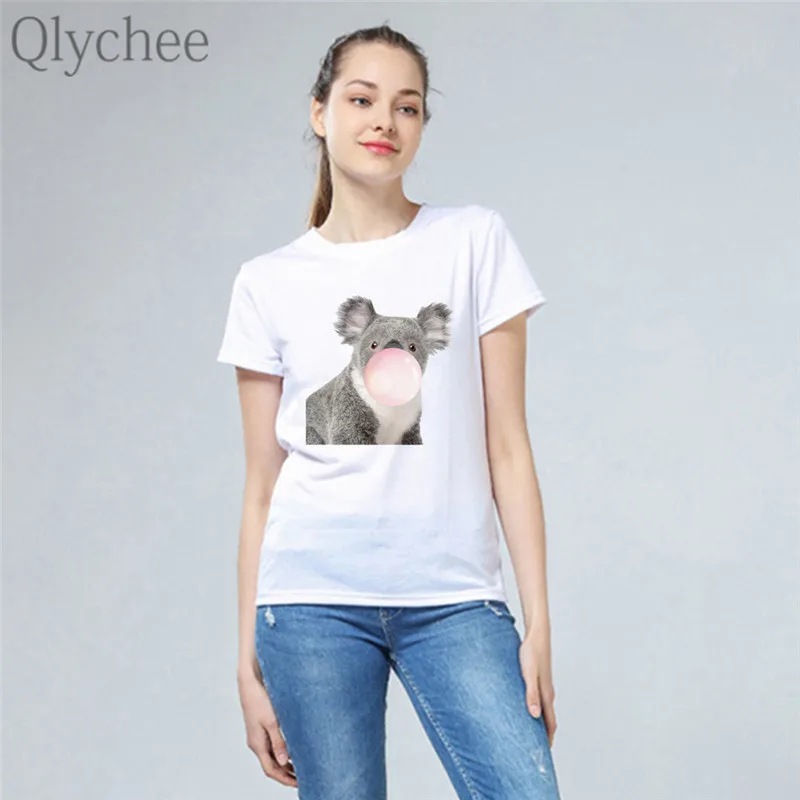 Женские футболки Qlychee Harajuku Koala Balloon с вырезом лодочкой и коротким рукавом летние