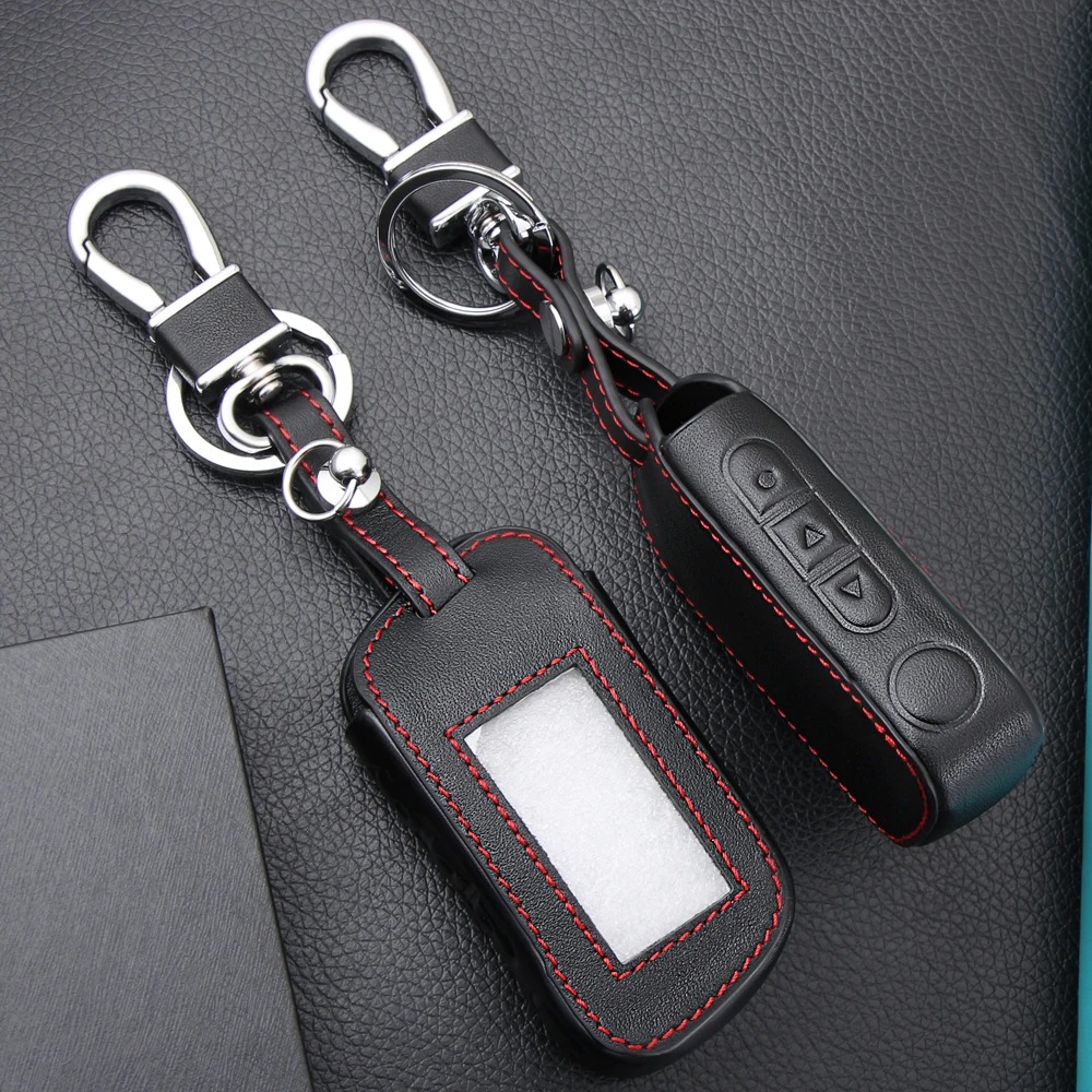 

Leather Car Key Cover Holder KeyChain Key Case For Starline A93 A63 Car alarm Remote Controller LCD Keychain Cover