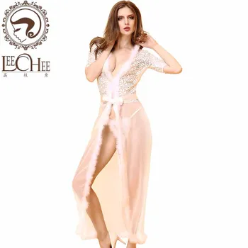 

See-through ladies sexy lingerie fashion sexy pyjamas gauze sexy robe black and white lace stripper outfit