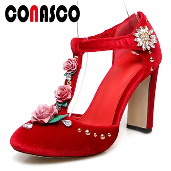 

CONASCO Elegant Ladies Shoes 2020 New Spring Summer High Heels Sandals Flower Metal Decoration Sexy Party Prom Basic Shoes Woman