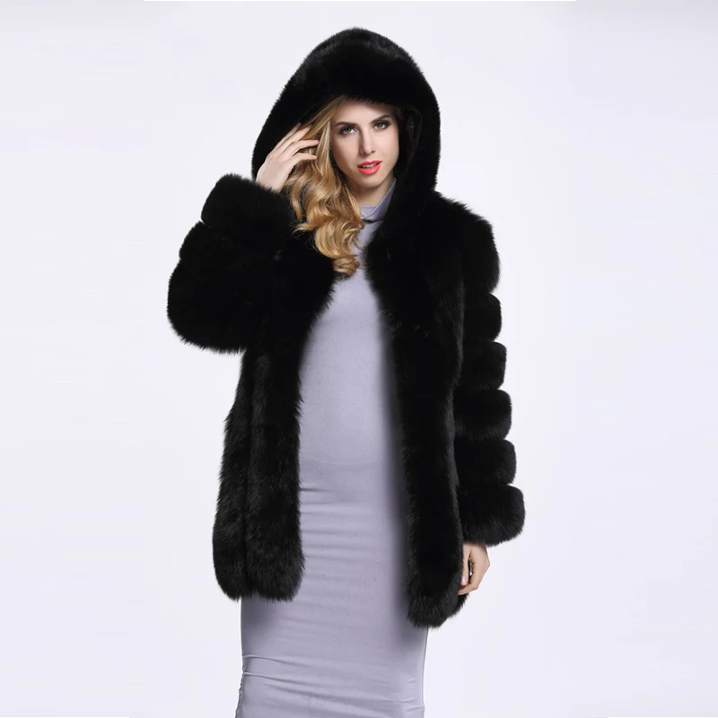 Для женщин теплая шуба из искусственного лисьего меха с капюшоном Женская зимняя обувь длинная куртка C мехом верхняя одежда Искусственный серый лисий мех пальто для Для женщин LJLS016