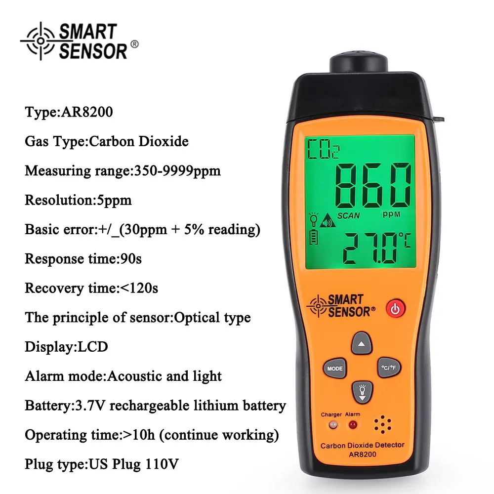 

SMART SENSOR AR8200 CO2 Carbon Dioxide Air Quality Monitor Analyzer Temp Temperature Thermometer Tester Gas Detector Meter