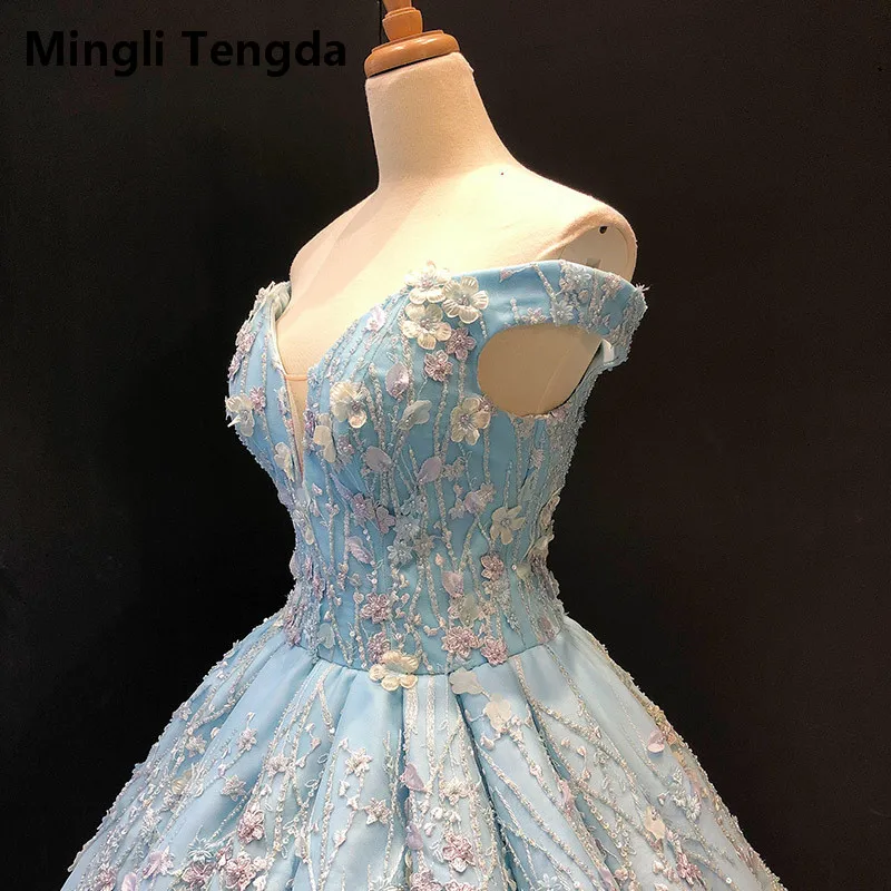 Preise Mingli Tengda Mori Meerwasser Blau Puff Scratch Quinceanera Kleider Perlen Blume Perlen Ballkleid Weg Von der Schulter Süße 16 Kleid