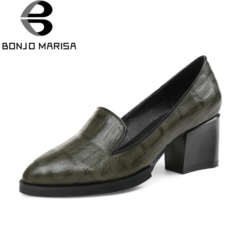 

BONJOMARISA large size 33-43 sheepskin genuine leather high heels slip on woman shoes office pumps ladies shoes