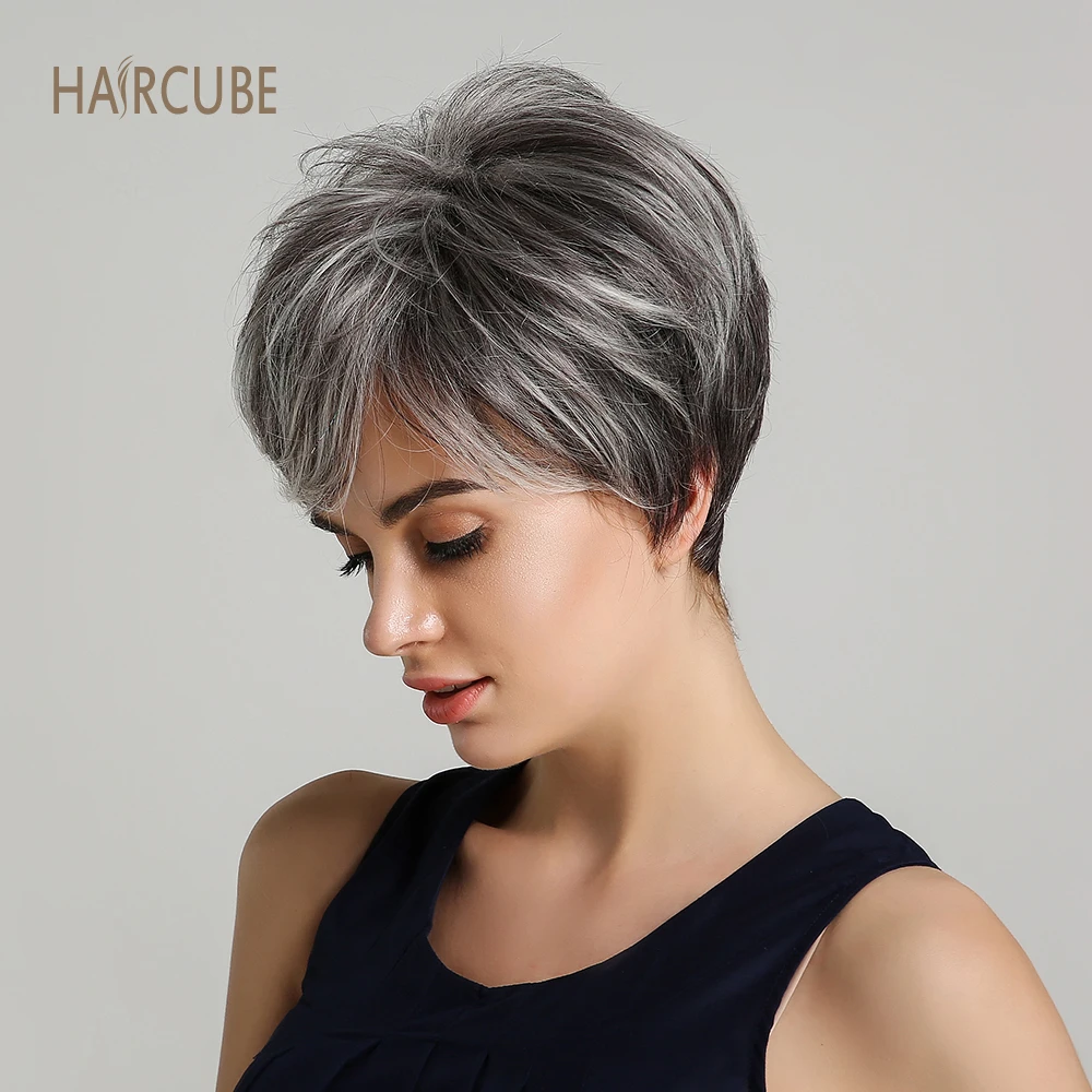 Haircube 6 дюймов синтетический парик для косплея короткие волнистые 50% человеческие волосы пушистые натуральные серебристо-серые парики для матери с челкой для женщин