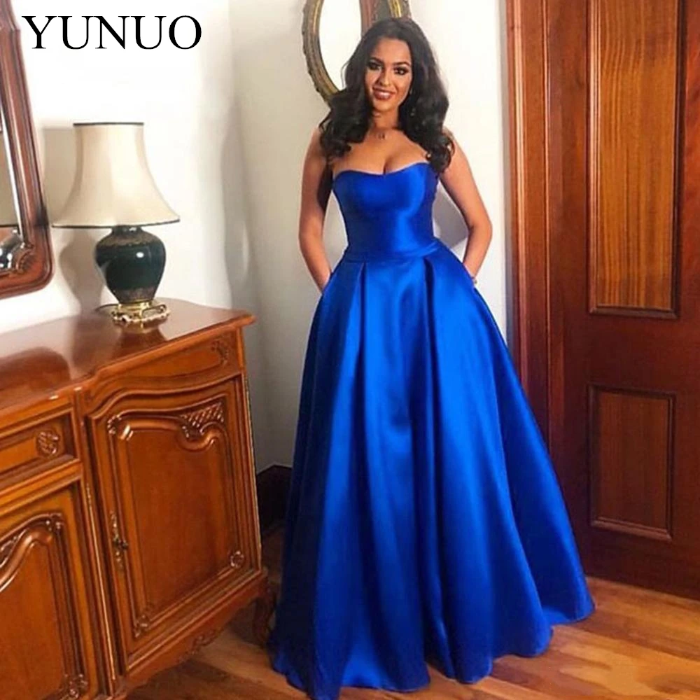 Strapless Royal Blue A Line Prom Dresses Sleeveless Backless Floor Length Satin 2019 New Formal Evening Party Gown Custom Made Liyuke_副本