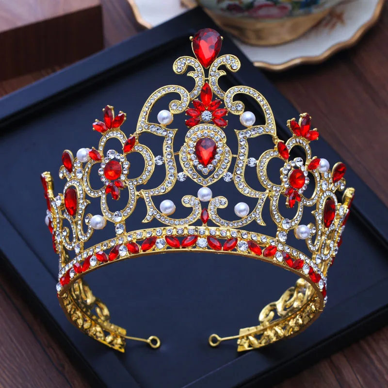 Vintage King Queen Diadem Tiaras Baroque Gold Metal Red Crystal Pearl Crown Bride Wedding Hair Accessories Women Hair Jewelry 