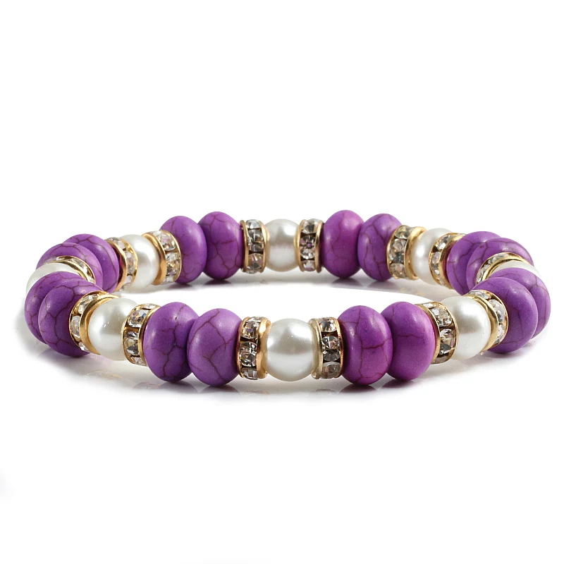 Charm Women Pink Beads Bracelets Pearl Natural Stone With Zircon Fashion Elastic Rope Strand Bracelet Handmade Yoga Jewelry Gift - Окраска металла: Purple Gold White