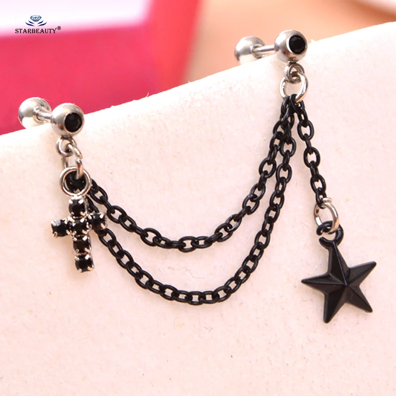 

Black Cross Drop Star Tassel Earrings Tragus Piercing Helix Piercing Cartilage Earrings Stainless Steel Nose Ring Ear Jewelry